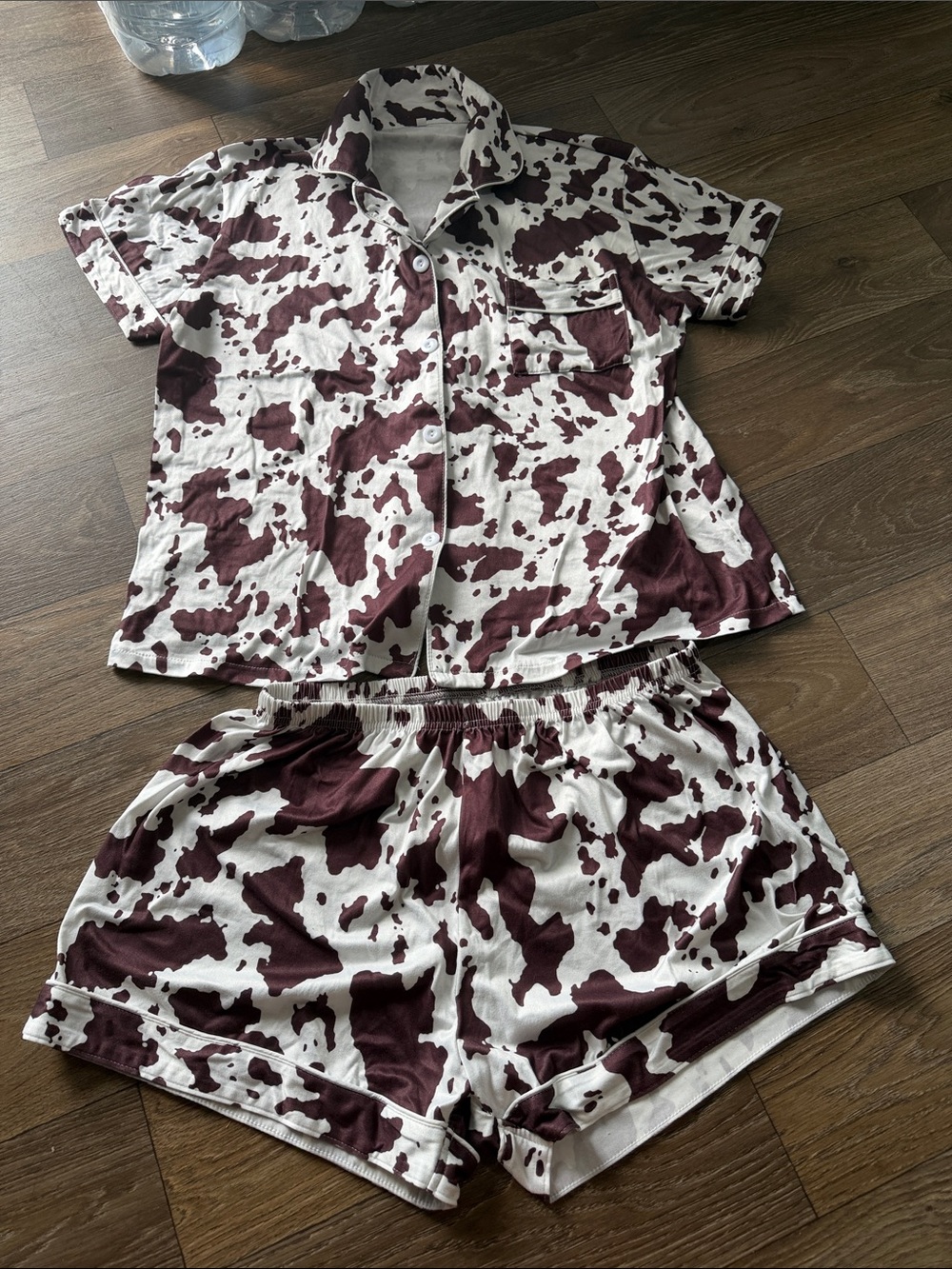 Two-Piece Pajama Set in White and Brown Cow Print